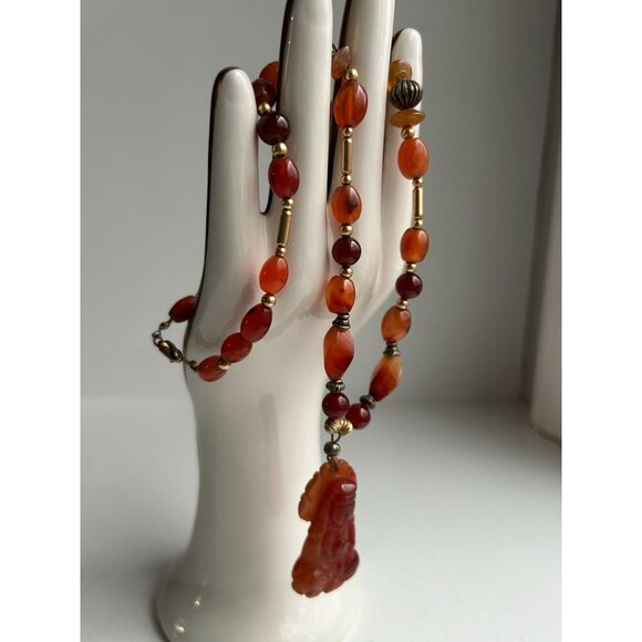 14k GF Carnelian Agate Beaded Necklace with Carved Guan Yin Buddhist - Picture 5 of 13